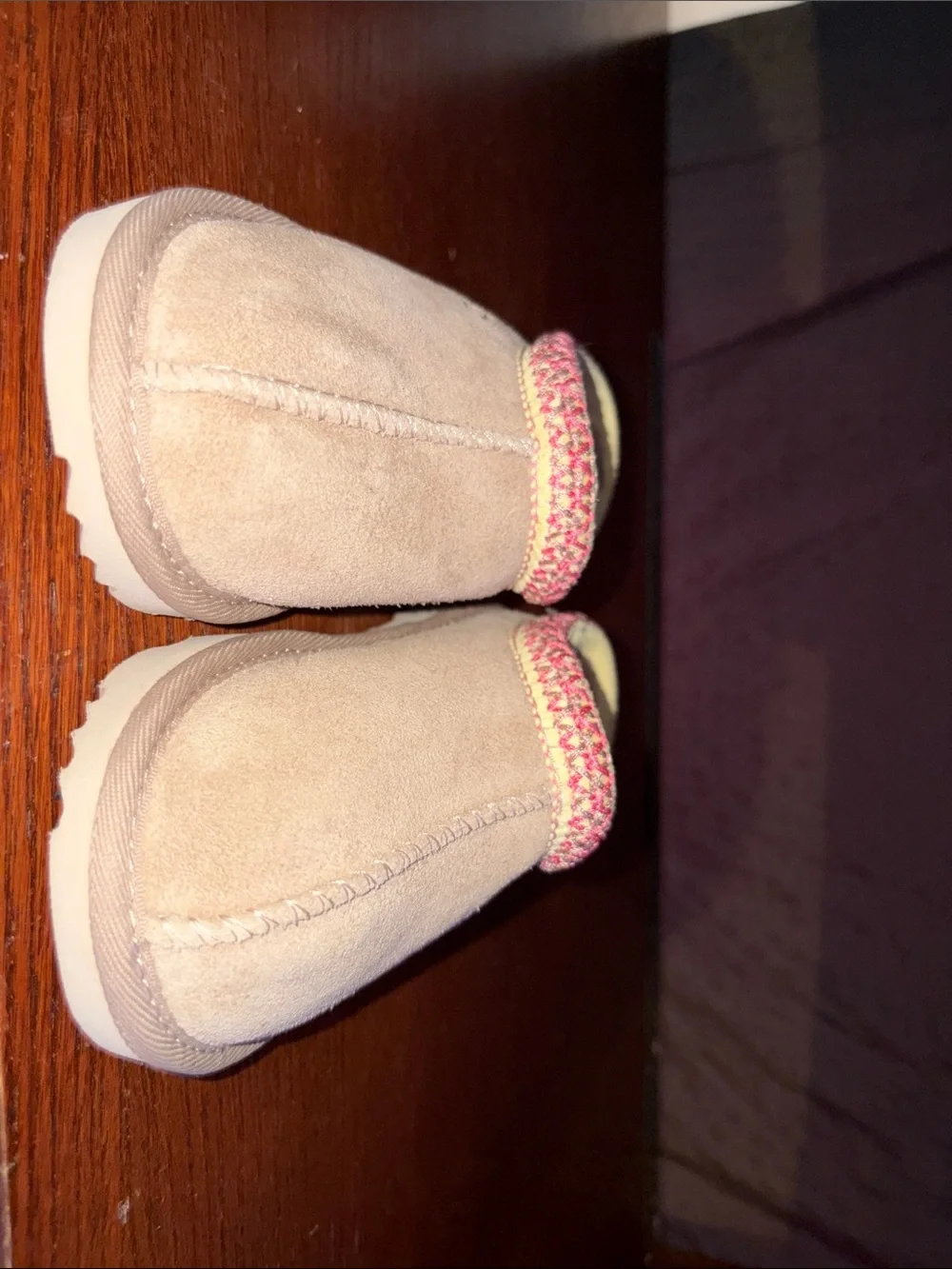 UGG Kids Beige Suede Slippers with Pink Trim